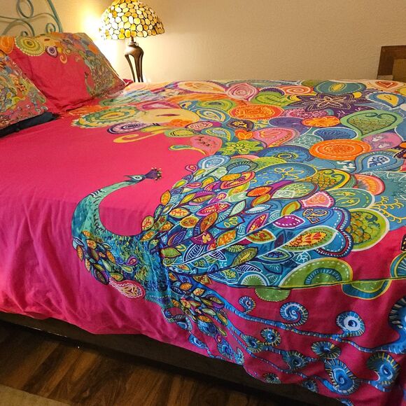Stunning Boho Reversible Peacock/Floral Duvet Cover + Shams (2) - Picture 1 of 12